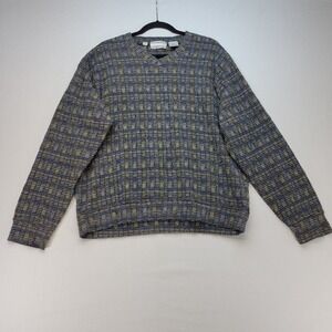 Jhane Barnes Sweater Mens Large Blue Green Textured V-Neck Woven Japan